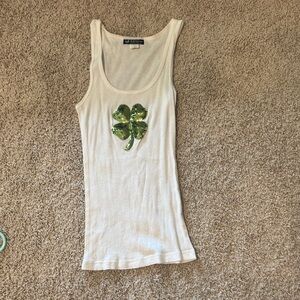 Self Esteem White Tank Top with Green Sequin Clover
